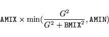 \begin{displaymath}
{\tt AMIX} \times {\rm min} (\frac{G^2}{G^2+ {\tt BMIX}^2} , {\tt AMIN})
\end{displaymath}