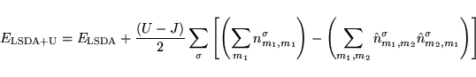 \begin{displaymath}
E_{\rm LSDA+U}=E_{\rm LSDA}+\frac{(U-J)}{2}\sum_\sigma \left...
...n_{m_1,m_2}^{\sigma} \hat n_{m_2,m_1}^{\sigma} \right) \right]
\end{displaymath}