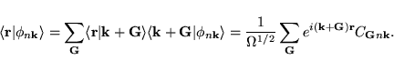 \begin{displaymath}\vspace*{1mm}
\langle{\bf r}\vert \phi_{n{\bf k}}\rangle = \...
...sum_{\bf G}e^{i({\bf k}+{\bf G}){\bf r}} C_{{\bf G}n{\bf k}}.
\end{displaymath}
